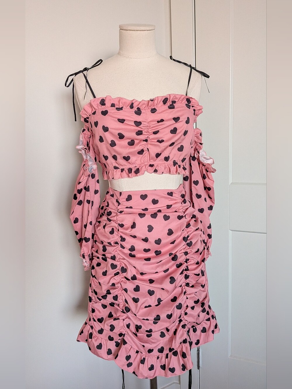SHEIN Pink Black Heart Print Ruched 2 Piece Skirt Set S